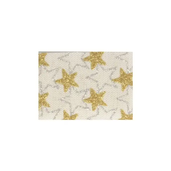 Nastro effetto juta stelle dorate bianco 38 mm