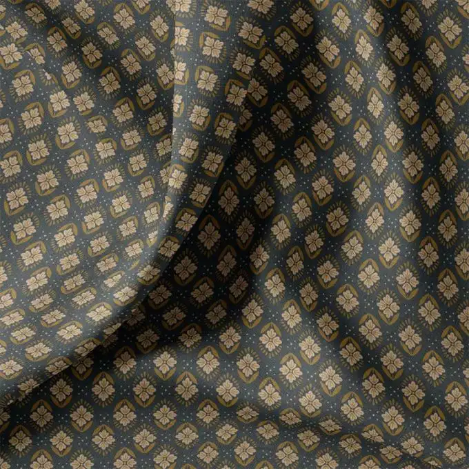 Tessuto cretonne stampato fiore indiano geo kaki