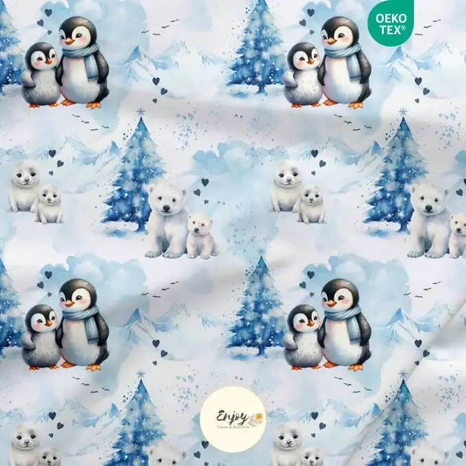 Tessuto 100% cotone premium Animali dell’Artico Pinguino blu venduto al metro