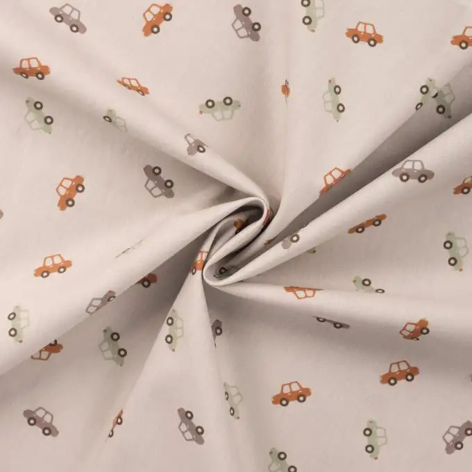 Tessuto popeline di cotone stampato mini auto beige