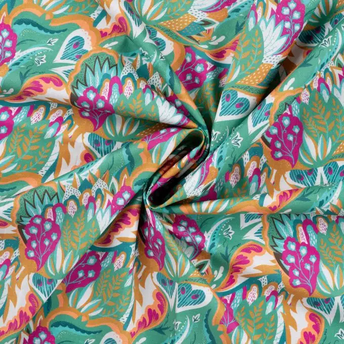 Tessuto voile cotone stampato foglie rosa