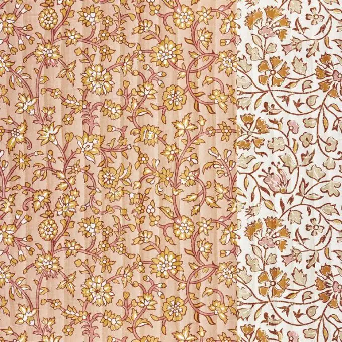 Tessuto trapuntato stampato doppio lato ramage fiore indiano ocra rosa