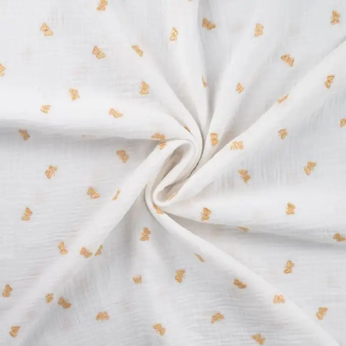 Tessuto doppio garza ricamato oro farfalla ecru