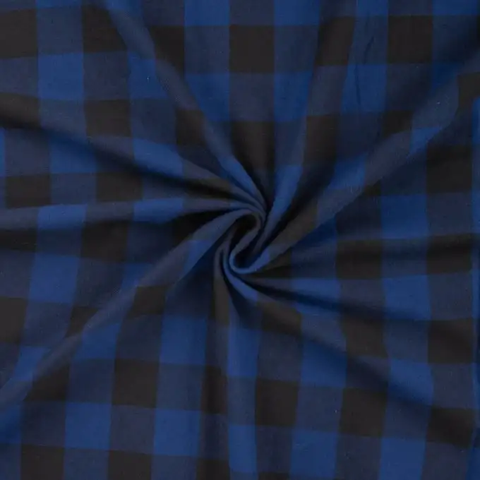 Tessuto twill cotone stampato quadri blu e nero