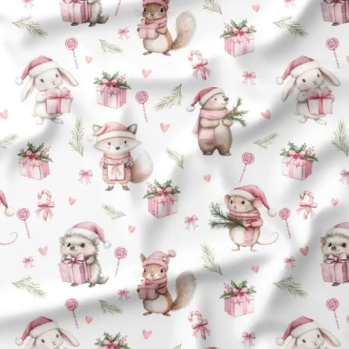 Tessuto Christmas Pink – Motivo animali del bosco per bambini – Certificato Oeko-Tex®