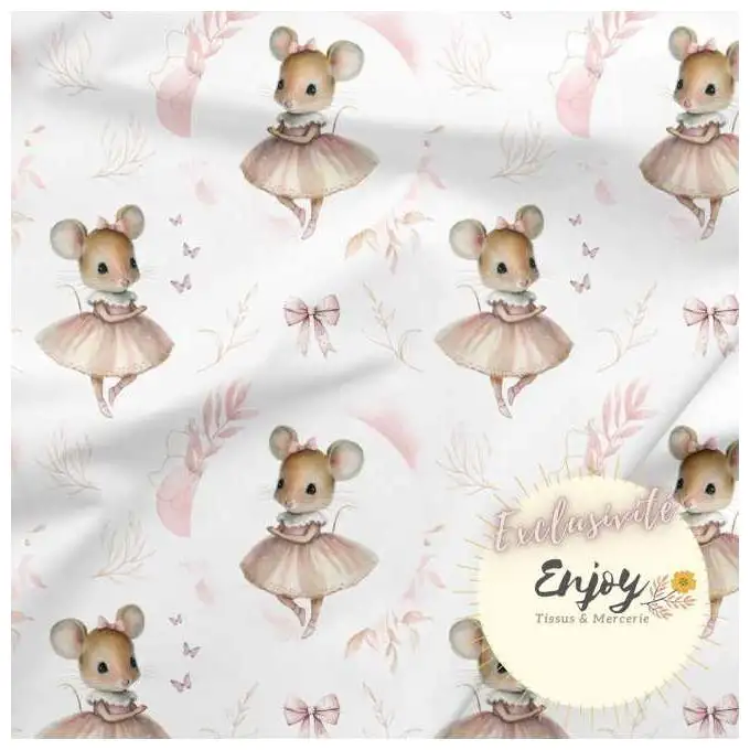 Tessuto French Terry Animali Topo Ballerina Rosa venduto al metro