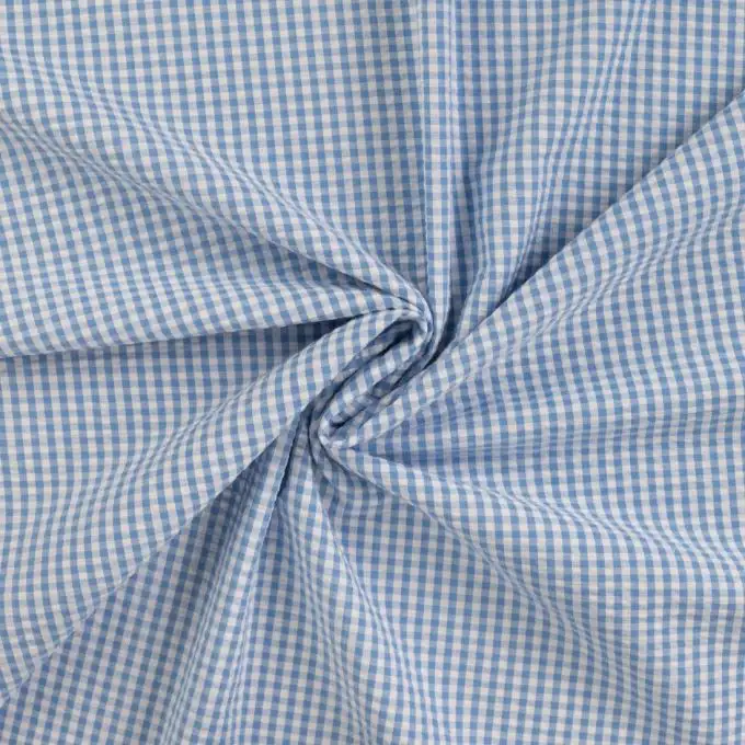 Tessuto seersucker stampato mini vichy blu
