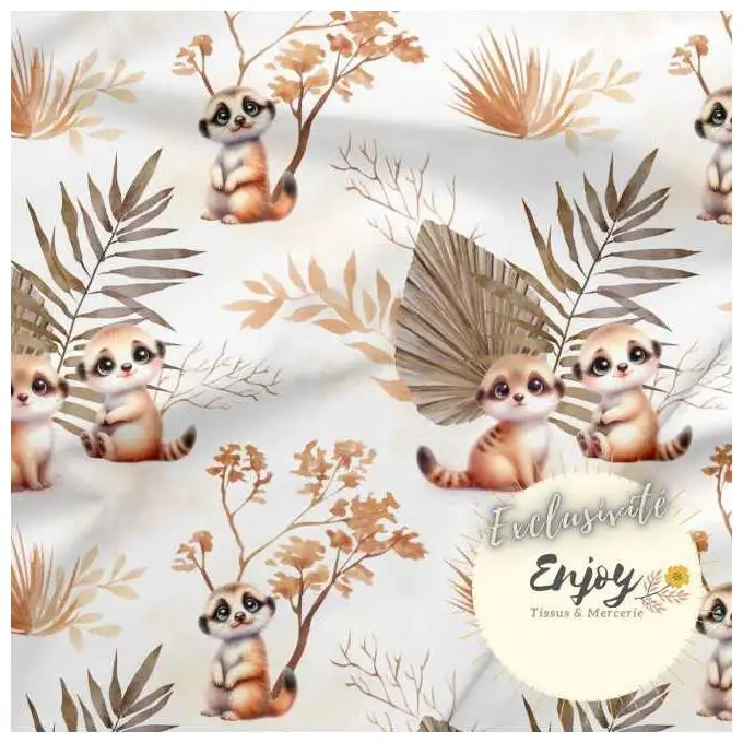 Tessuto French Terry Animali Savana Suricati Marrone venduto al metro