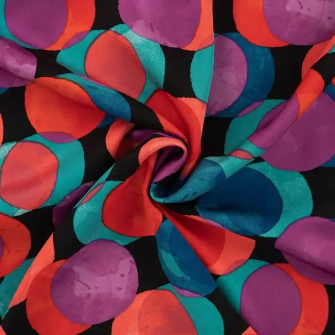 Tessuto satin viscosa stampato grandi pois acquerello multicolore