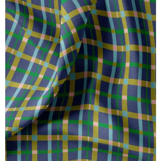 Tessuto cretonne stampato quadri verde rosa blu