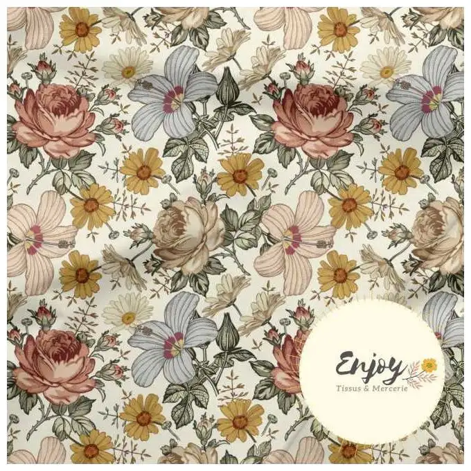 Tessuto Jersey Fiori Boho Campagna Beige venduto al metro