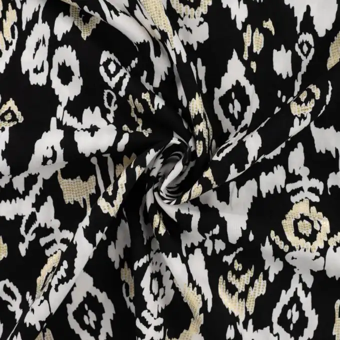 Tessuto viscosa chally stampato fiore astratto foil dorato