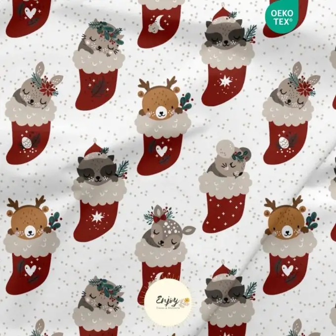 Pezzo di tessuto Natale Bambino Animali nelle Calze Cotone