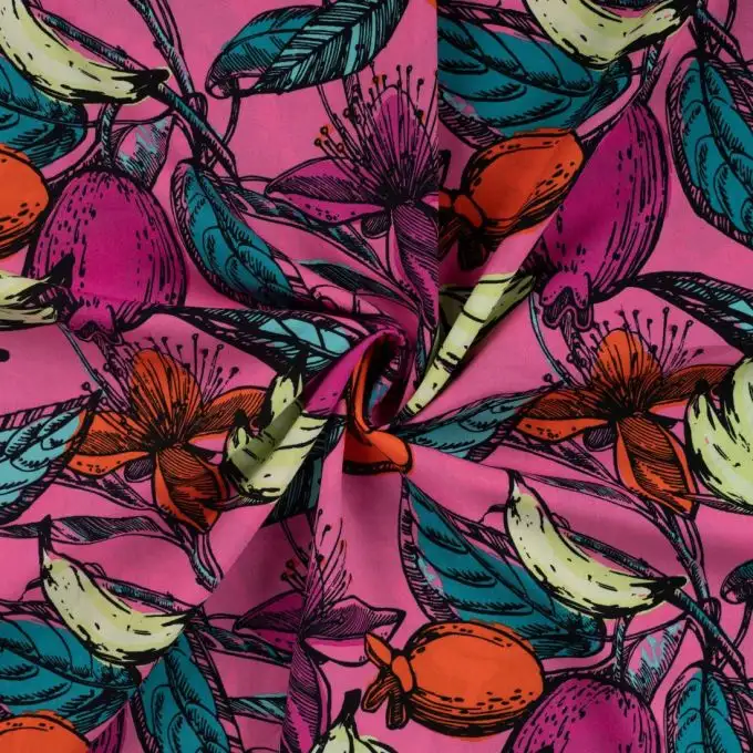 Tessuto voile cotone stampato frutta acquerellata rosa