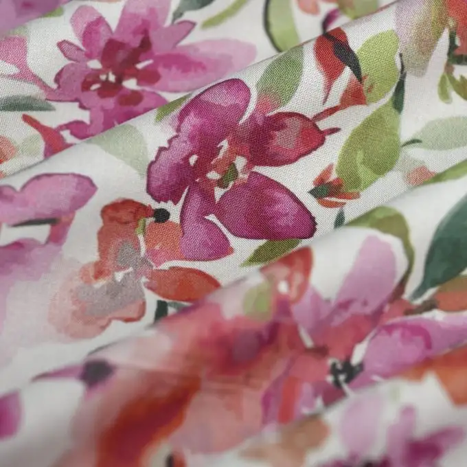 Tessuto popeline viscosa floreale aqua rosa