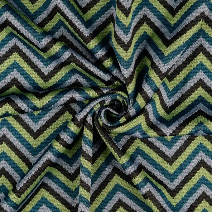 Maglia jacquard elasticizzata stampata zig zag verde e blu