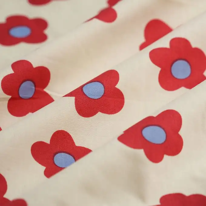 Tessuto popeline cotone fiore blu rosso ecru