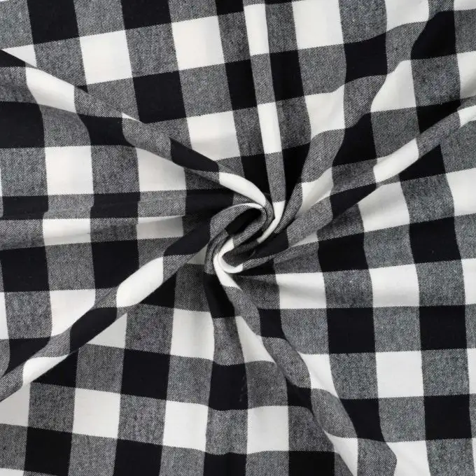 Tessuto twill cotone stampato quadri nero e bianco