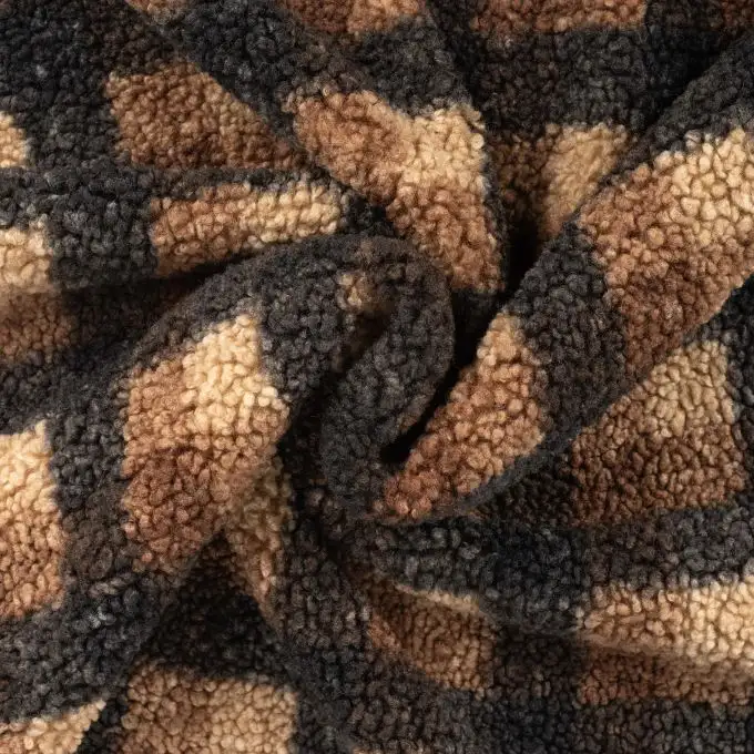 Tessuto bouclé stampato quadri marrone