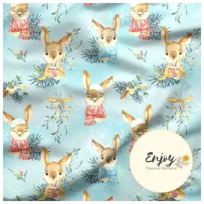 Tessuto French Terry Animali Coniglio Blu venduto al metro