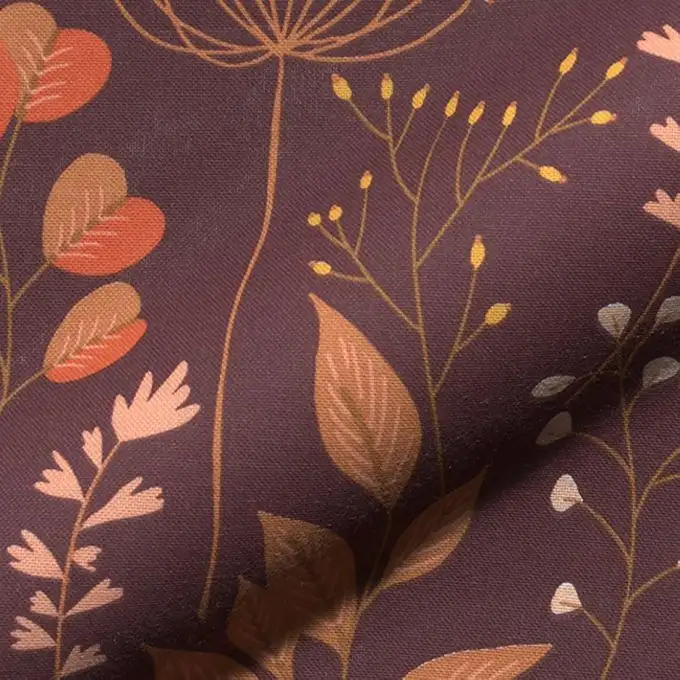 Tessuto bachette cotone semi-panama bordeaux motivi foglie naïf arancione