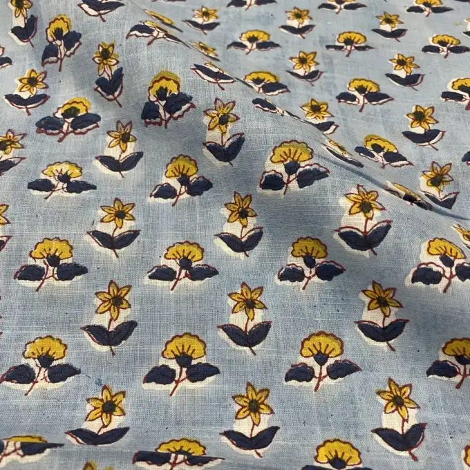 Tessuto cotone stampa block print fiore giallo blu cielo