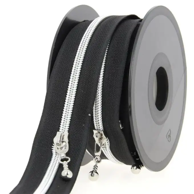 Chiusura lampo al metro nera e argento + cursore