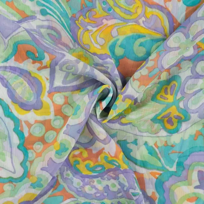 Tessuto crepe poliestere yoryu stampato paisley multicolore