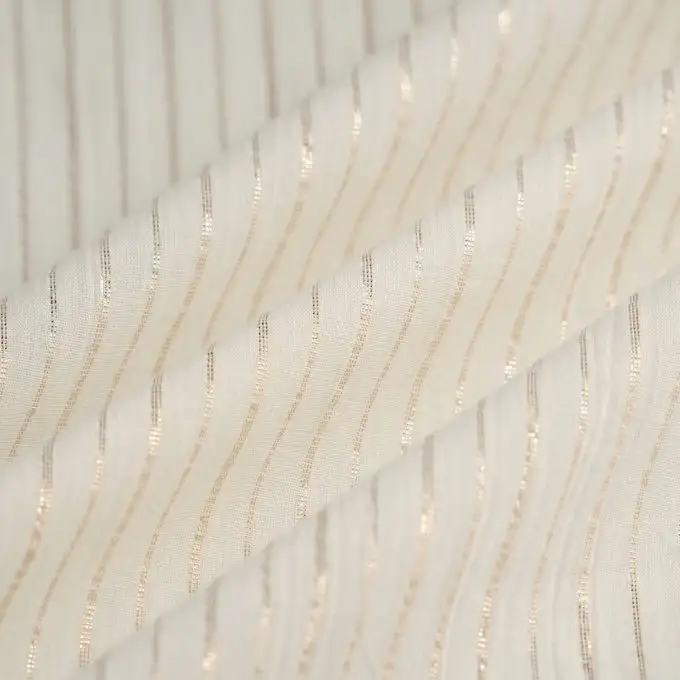 Tessuto voile cotone fine righe lurex oro ecru