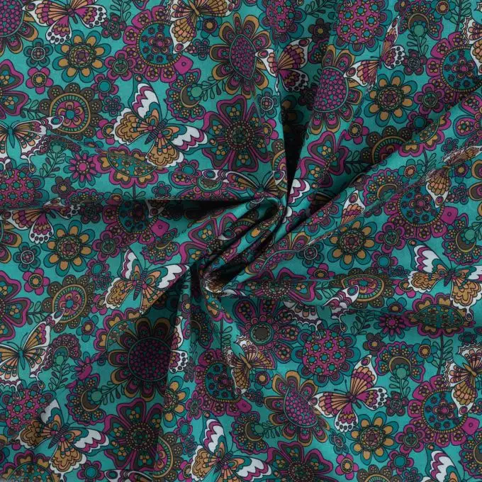 Tessuto voile cotone stampato farfalle rosa