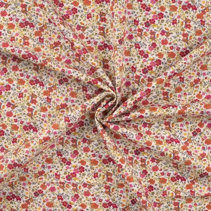 Tessuto voile cotone stampato multi fiore rosso
