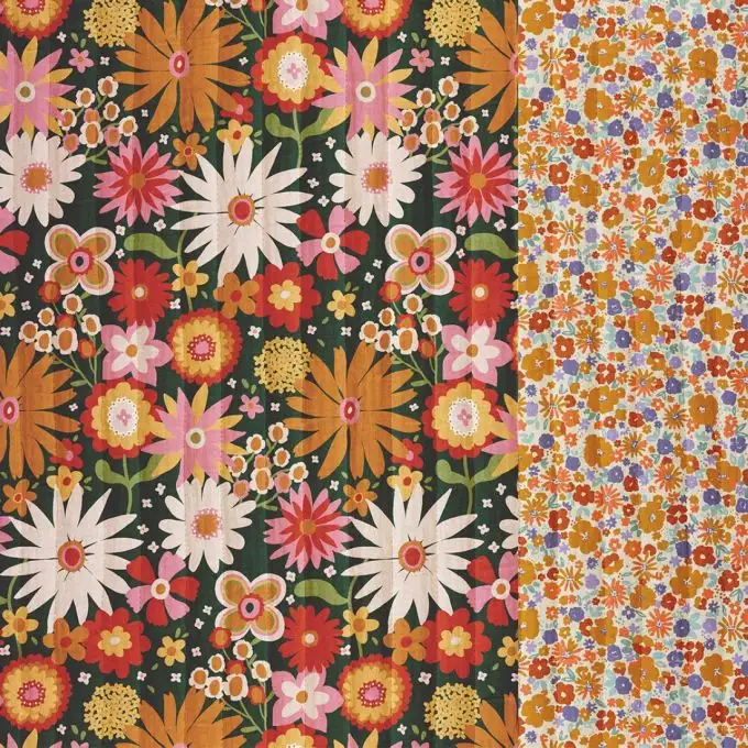 Tessuto trapuntato cotone maxi fiore recto mini fiore verso arancione