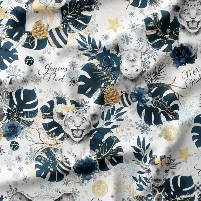 Tessuto di cotone stampato Savane di Natale Blu e Oro – Certificato Oeko-Tex®