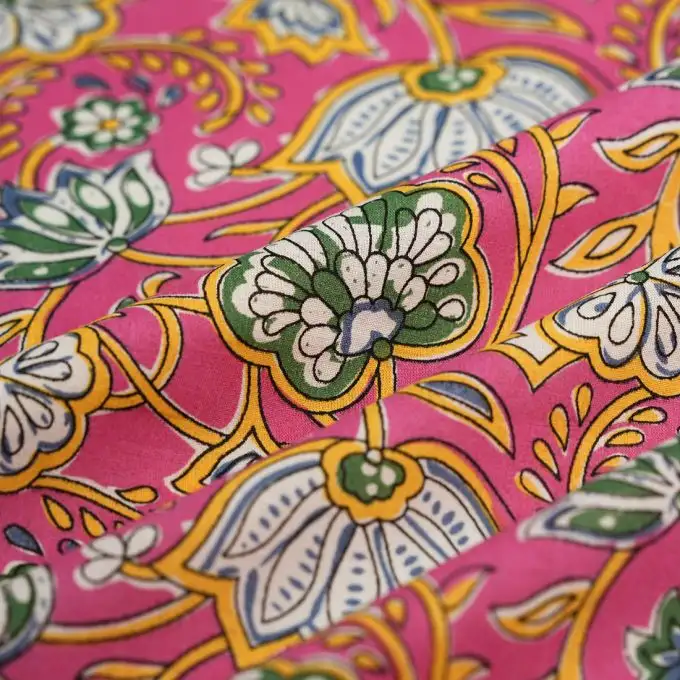 Tessuto voile cotone indiano verde rosa