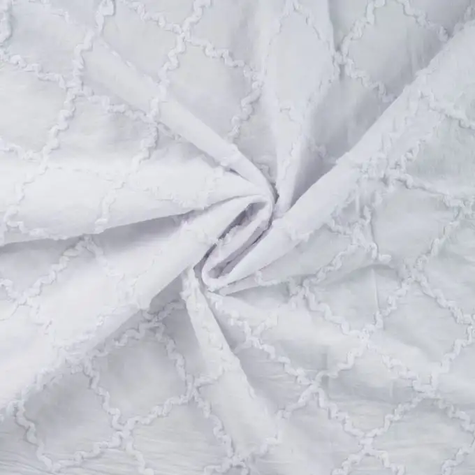 Tessuto ricamo inglese cotone grande rombo bordo ondulato bianco