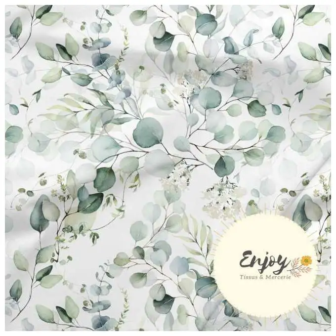 Tessuto Jersey Fiori & Foglie Eucalipto Verde venduto al metro