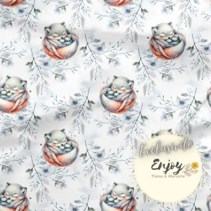 Cotone Premium 100% Animali della foresta cucciolo blu venduto al metro