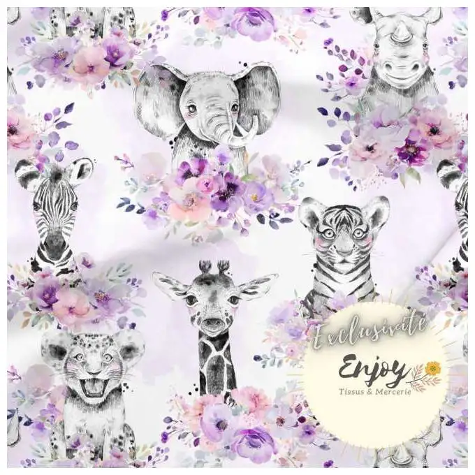 Tessuto French Terry Animali della Savana Fiori Viola venduto al metro