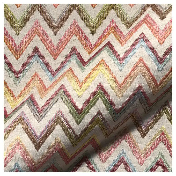 Tessuto jacquard arazzo indiano ecru e righe zigzag multicolore