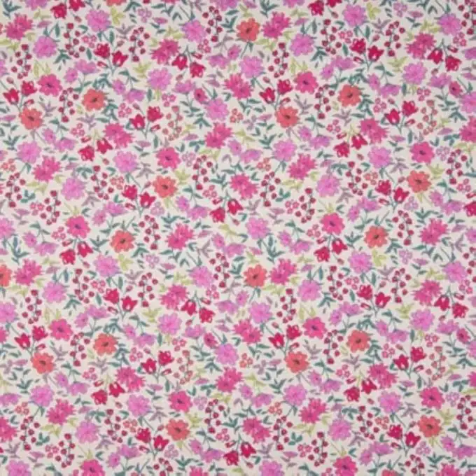 Tessuto voile cotone stampato campo di fiori rosa