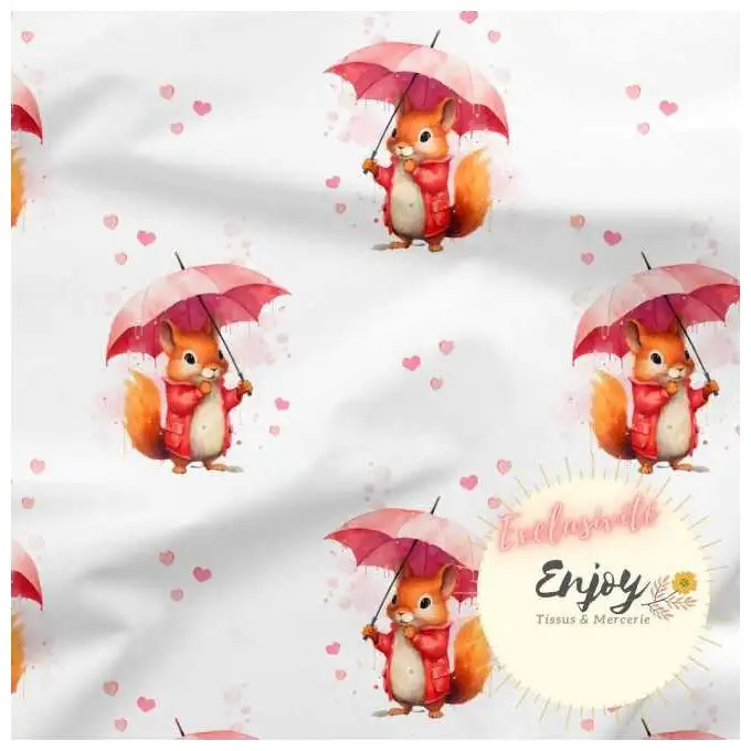 Tessuto Jersey Animali della Foresta Scoiattolo Rosa venduto al metro