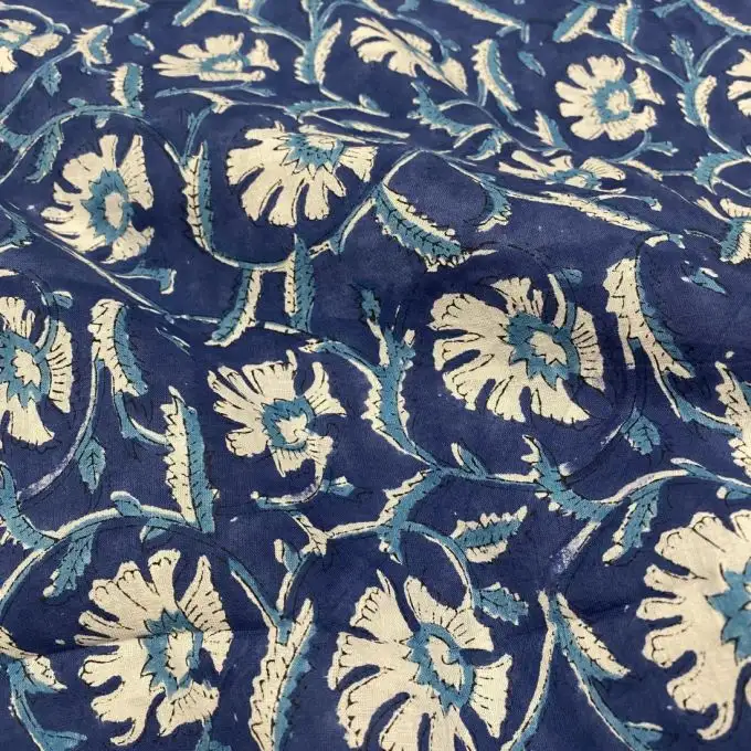 Tessuto voile di cotone stampa block print fiore blu