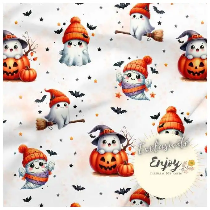 Tessuto French Terry Halloween Fantasmi Bianco Arancione venduto al metro