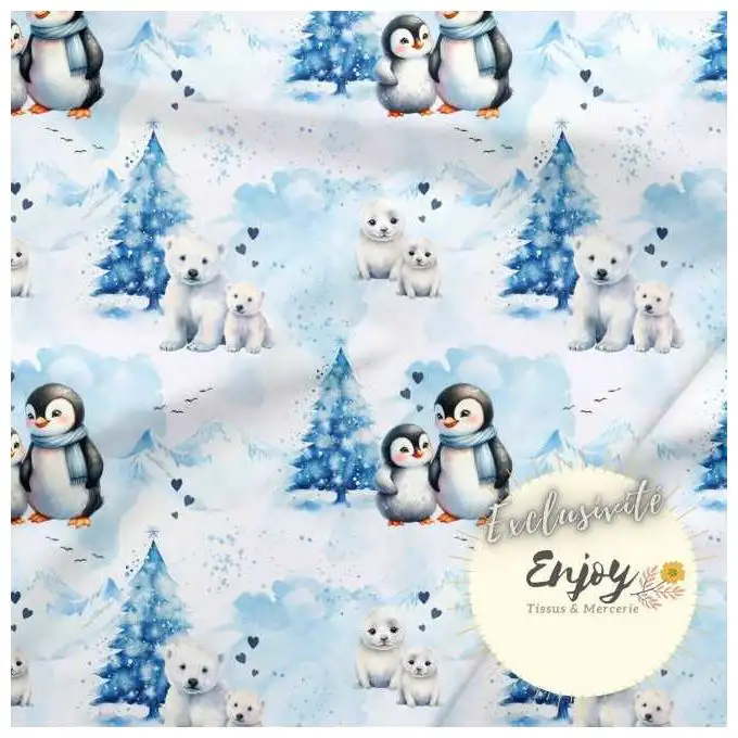 Tessuto Jersey Animali Artico Pinguino Blu venduto al metro