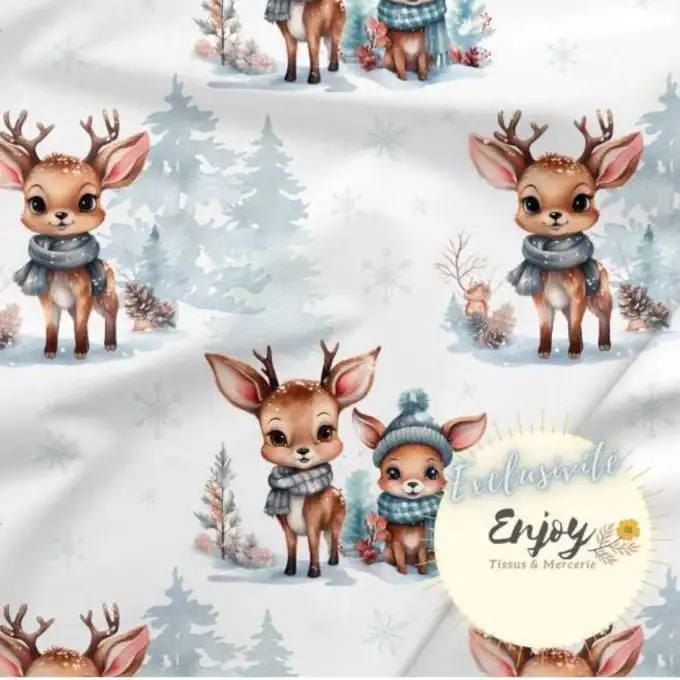 Cotone Premium 100% Animali della Foresta Inverno Natale blu venduto al metro