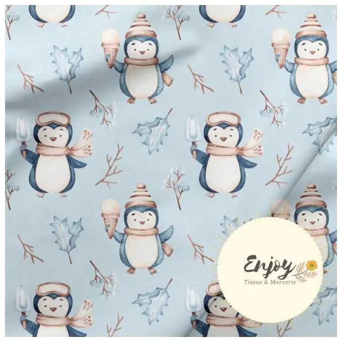 Tessuto Jersey Animali della Banquise Pinguino Blu venduto al metro