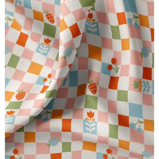 Tessuto cretonne stampato a quadri fiori multicolore