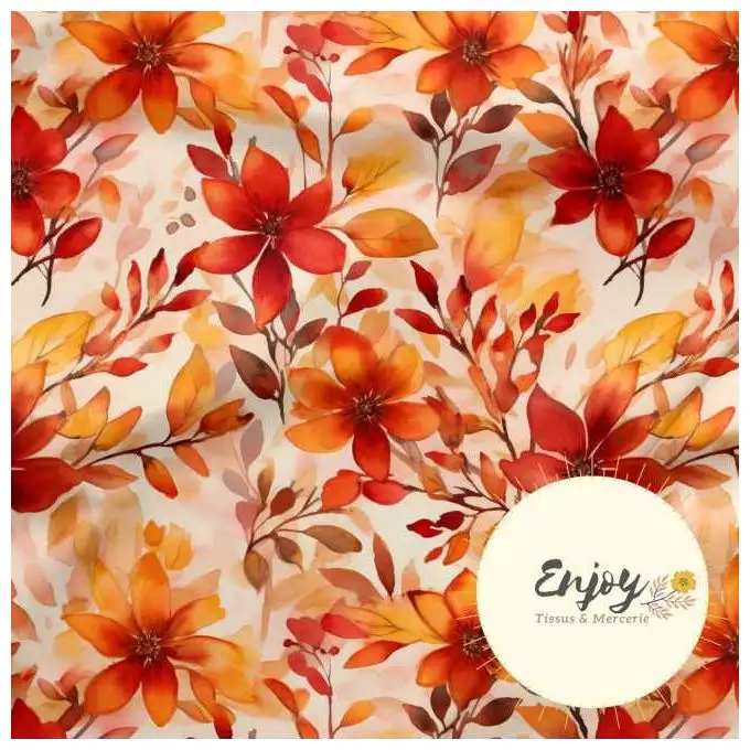 Tessuto French Terry Fiori Rosso Arancione Autunno venduto al metro