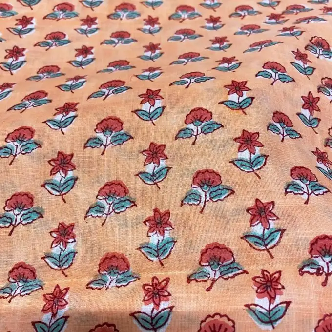 Tessuto voile di cotone stampa block print fiori pesca