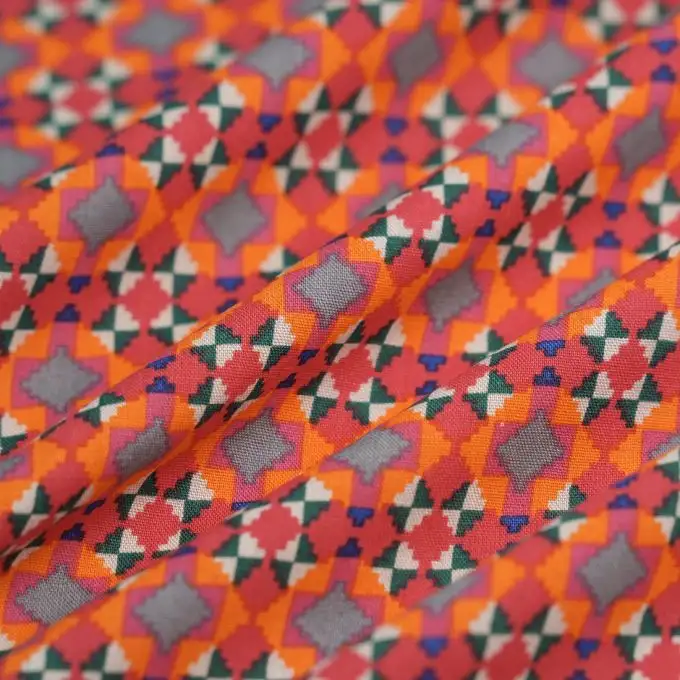 Tessuto popeline viscosa folk grande quadri rombo multicolore